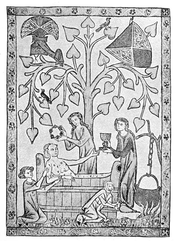 A medieval guest being bathed by noble ladies, miniature
