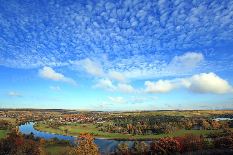Mainschleife near Volkach with a view of Eisenheim and Fahr. Volkach, Kitzingen
