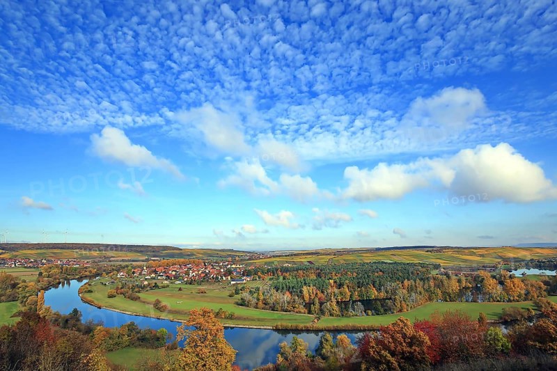 Mainschleife near Volkach with a view of Eisenheim and Fahr. Volkach, Kitzingen