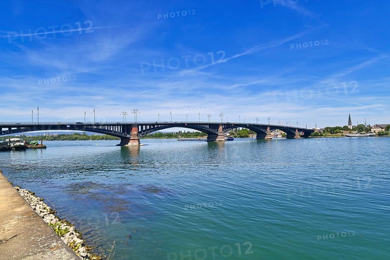 Large Theodor Heuss Bridge an arch bridge over the Rhine River connecting the cities Mainz and Wiesbaden in Germany,