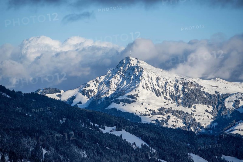View of the Kitzbueheler Horn, Alps in winter with snow-covered mountains