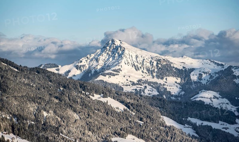 View of the Kitzbueheler Horn, Alps in winter with snow-covered mountains