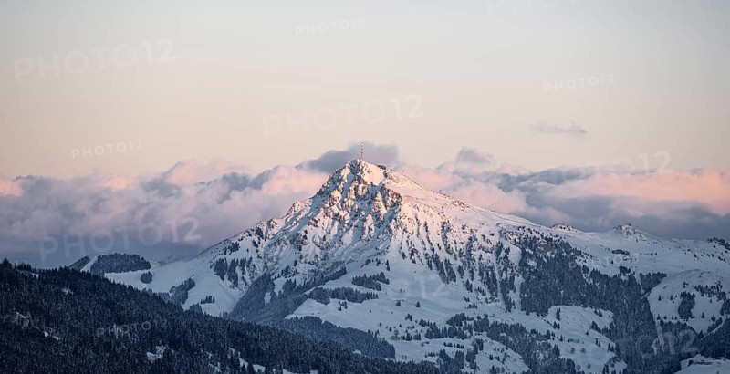 View of the Kitzbueheler Horn, Alps in winter with snow-covered mountains