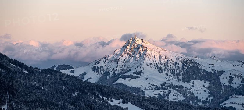 View of the Kitzbueheler Horn, Alps in winter with snow-covered mountains