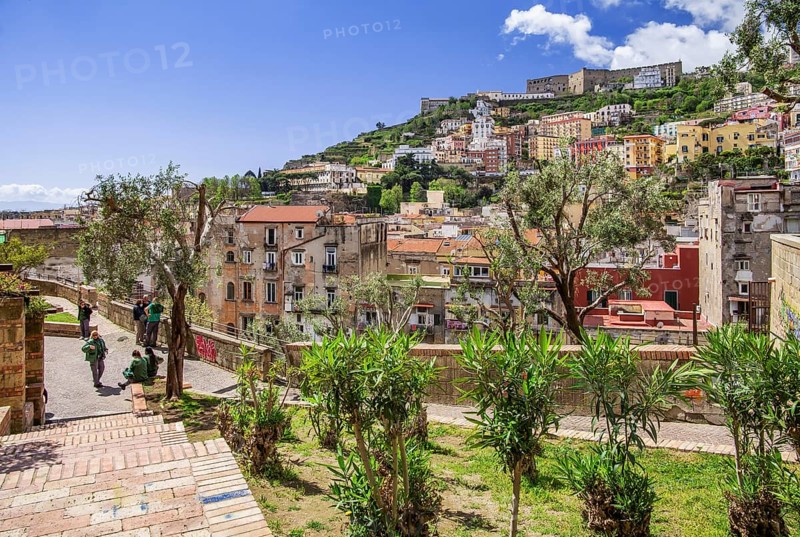 Viewing terrace in the market district of Montesanto with Vomero and Castel Sant Elmo, Naples