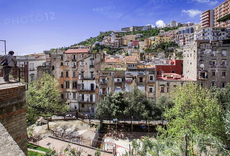 Viewing terrace in the market district of Montesanto with Vomero and Castel Sant Elmo, Naples