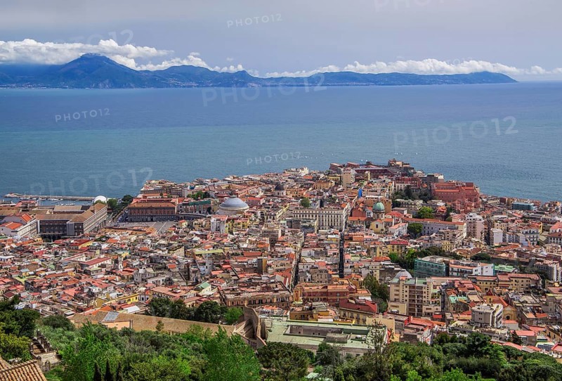 Panorama of the city centre by the sea against the Sorrento peninsula, Naples