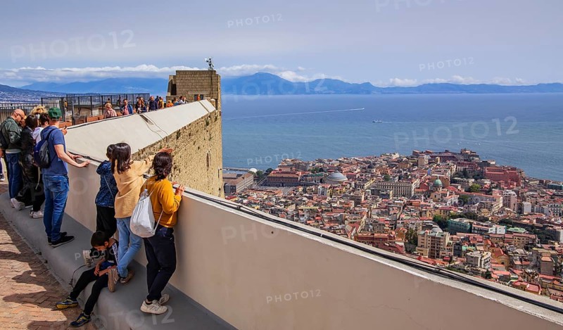 Viewing terrace from Castel Sant Elmo with city centre by the sea, Naples