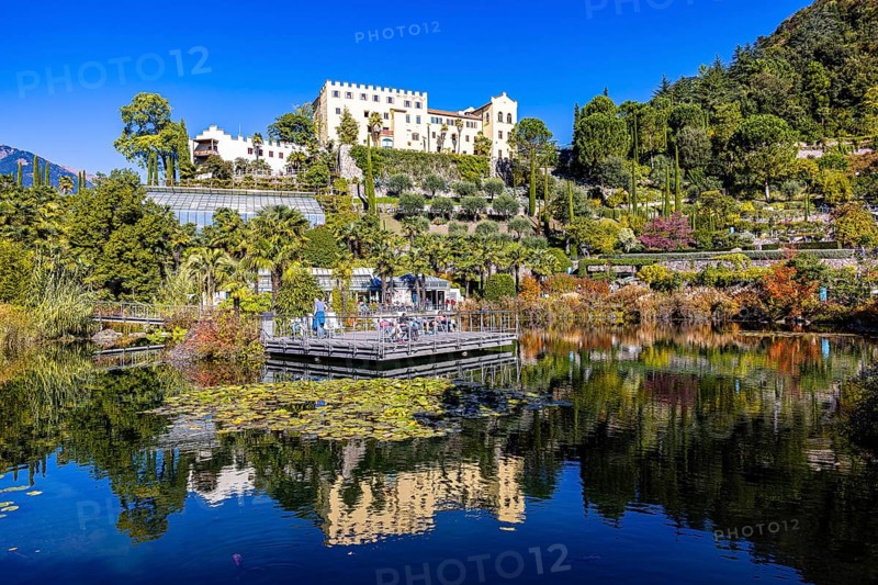 The Gardens of Trauttmansdorff Castle with reflections in the water lily pond, near Merano