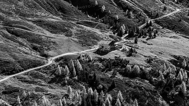 Meraner Huette on the hiking trail, black and white photo