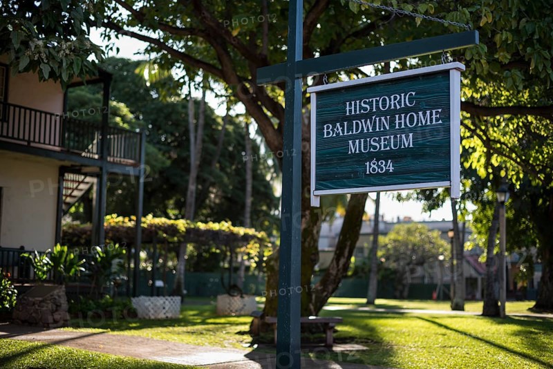 Historic Baldwin Home Museum sign in Lahaina Town, Maui
