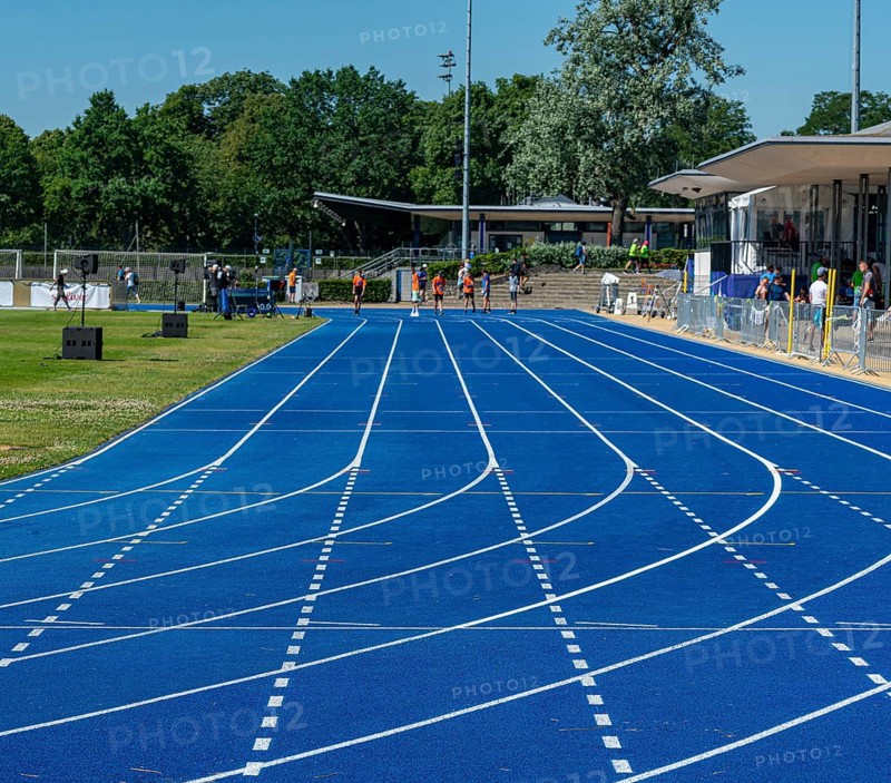 Blue tartan track on a sports field, Berlin