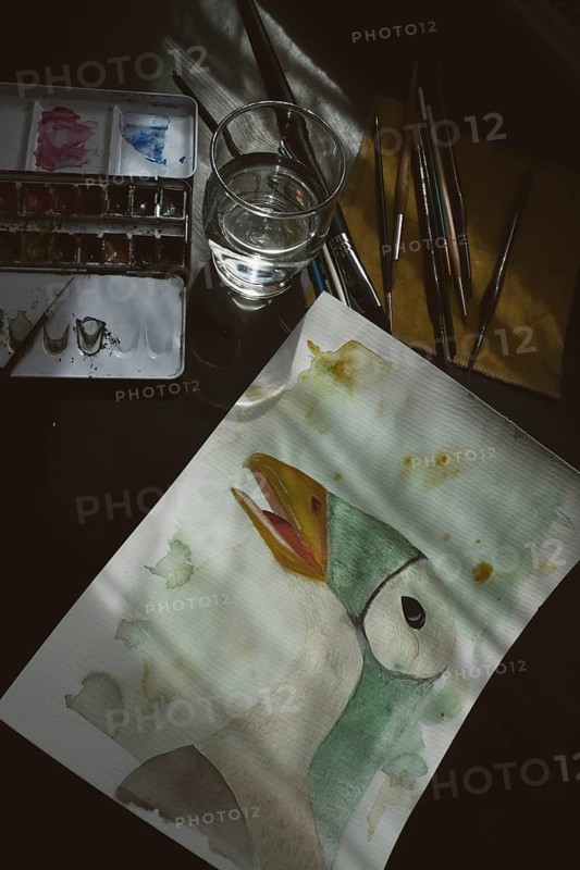 Painted goose, watercolour painting with water glass