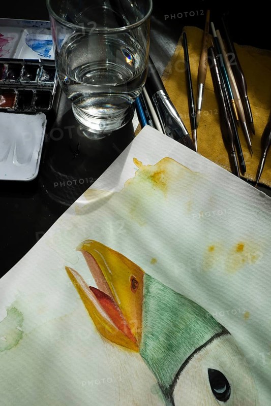 Painted goose, watercolour painting with water glass