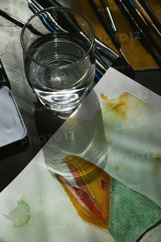 Painted goose, watercolour painting with water glass
