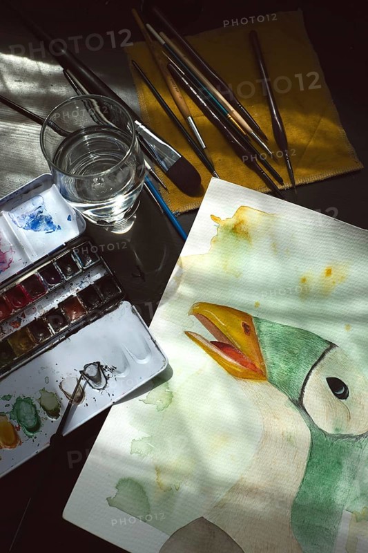 Painted goose, watercolour painting with water glass