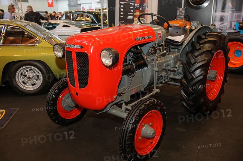 Historic red tractor Lamborghini agricultural machine, Techno Classica fair