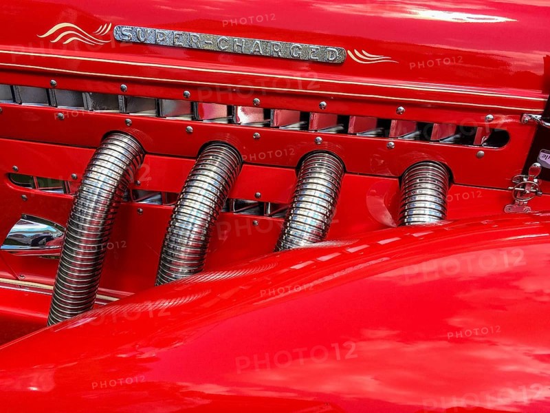 Detail of bonnet of historic classic sports car Auburn Boattail Speedster 852 Supercharged from 30s 1936 by Auburn Automobile Company, Classic Days