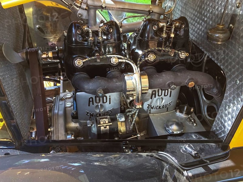 Historic engine with inscription Audi Zwickau from classic racing car Audi Type C Phaeton Alpensieger, Classic Days