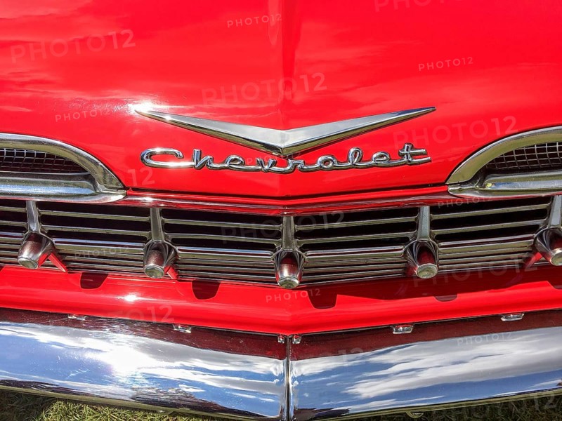 Close-up of radiator grille of classic historic pick-up Chevrolet El Camino, above lettering Chevrloet