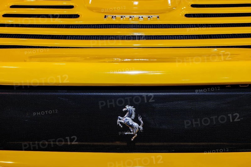 View of rear end of yellow Ferrari with logo Cavallino Rampante jumping horse, Techno Classica fair