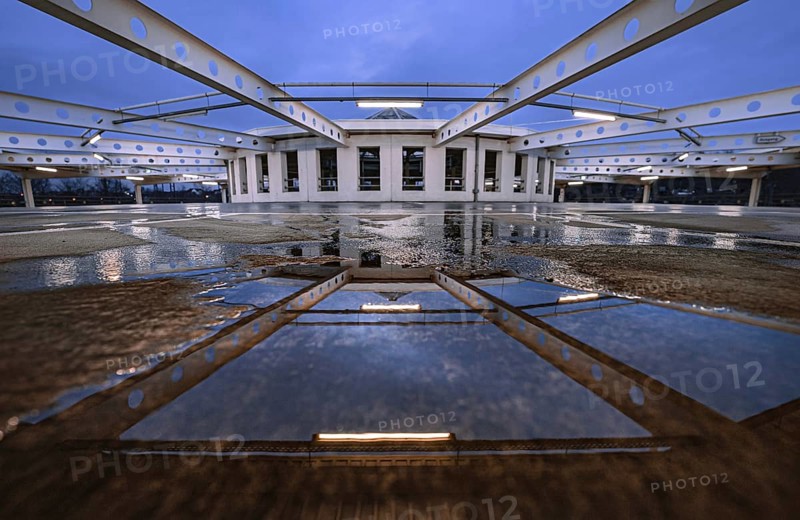 Roof of the Mercedes Benz car park in Bad Cannstatt, reflection in water