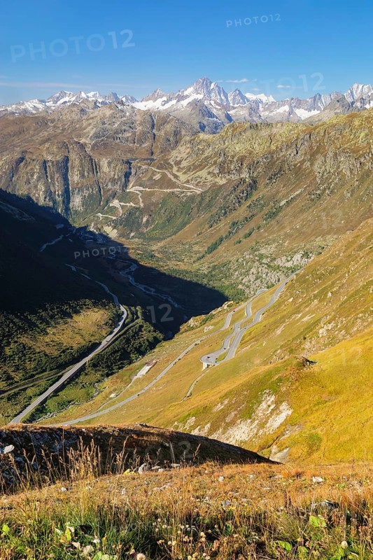 View from Furka Pass to the Bernese Alps with Grimsel Pass, Uri Alps
