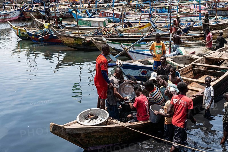 Fisherman with catch in fishing boat, fish market