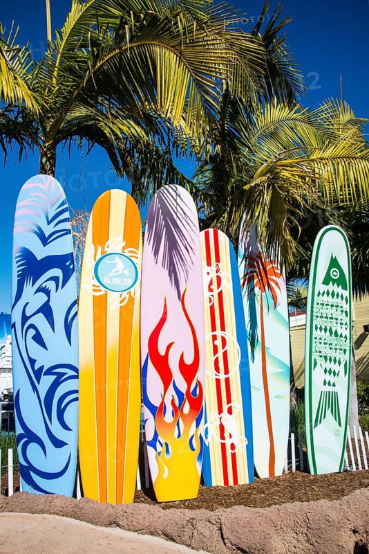 Surfboards in the seaworld aquarium, San Diego