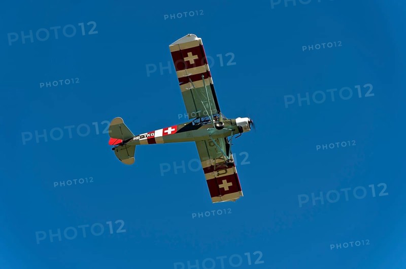 Vintage aircraft Slepcev Storch Mk IV HB-YKQ in flight, Switzerland