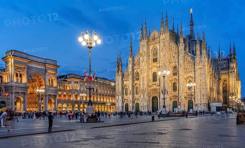 Piazza del Duomo, Cathedral Square with Cathedral and Galleria Vittorio Emanuele II at dusk