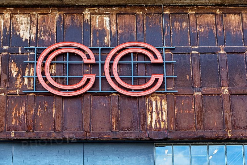 Facade of an old industrial hall with logo CC, Copenhagen Contemporary