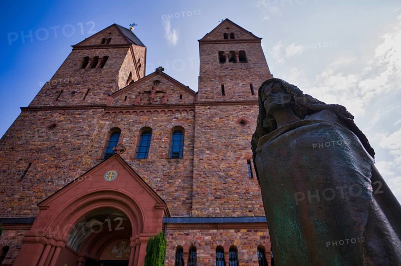 Statue of Saint Hildegard of Bingen in front of the abbey church, St. Hildegard Abbey