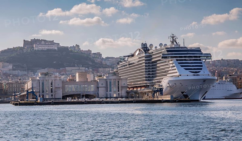 Maritime station Statione Marittima with cruise ship MSC Seaview, Vomero in the background