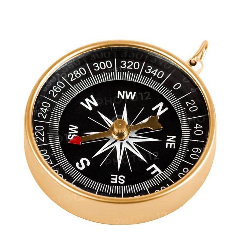 Old brass compass isolated on white background
