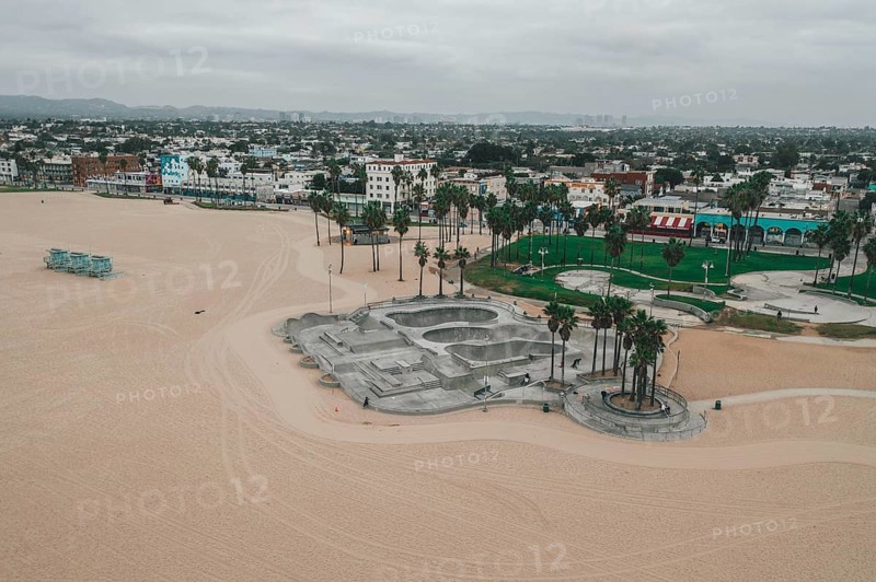 Aerial View of Empty Venice Beach Skatepark morning vibe with no people HQ