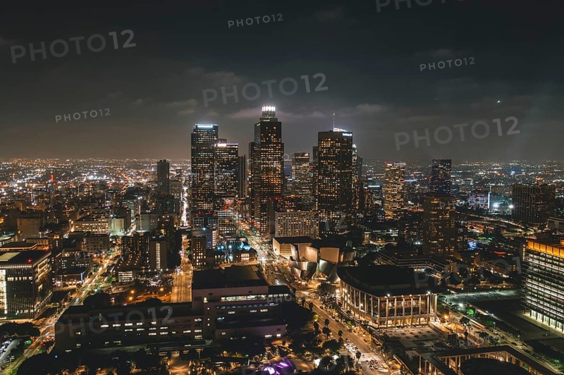 Aerial View of Downtown Los Angeles Skyline with City Lights from Aerial Perspective HQ