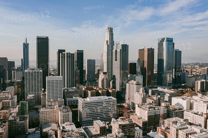 Circa November 2019: Aerial Drone View of Los Angeles Downtown on beautiful Sunny Day HQ