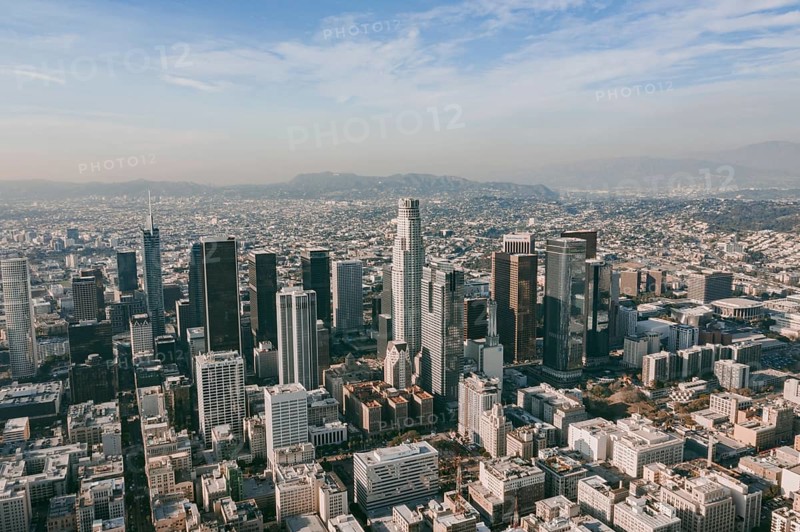 Circa November 2019: Aerial Drone View of Los Angeles Downtown on beautiful Sunny Day HQ