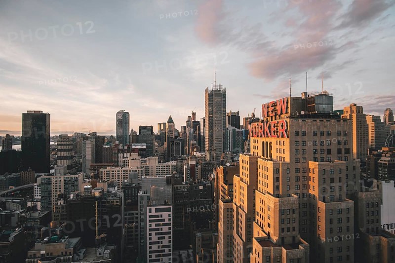 View of New Yorkers Hotel in Manhattan with View over Skyline and Tall Skyscrapers in Sunset Light HQ