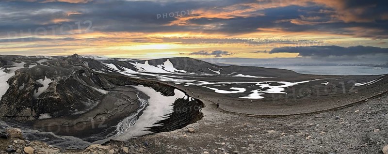 Deception Island Caldera Bay Telephone Bay with Cruise Ship Panorama Antarctica