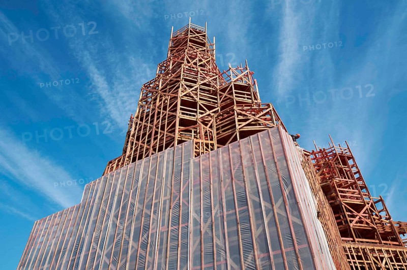 Scaffolding from wooden beams and film