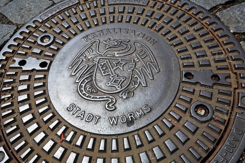 Manhole cover with coat of arms of Worms. Worms