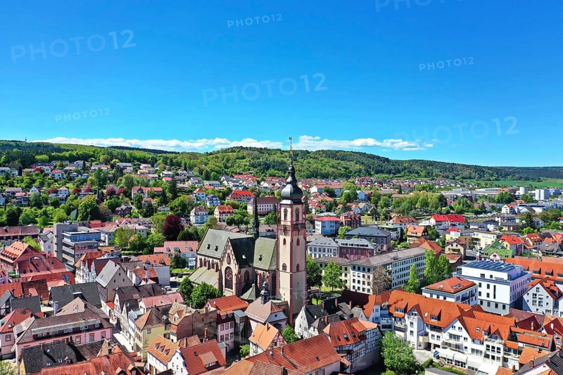 Aerial view of Tauberbischofsheim with the Historic Church of Saint Martin