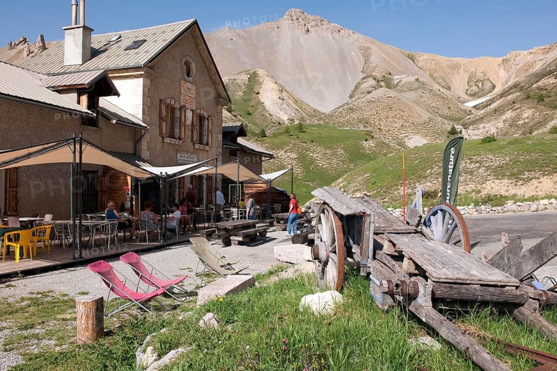 Historic Refuge Napoleon inn from 1858 with terrace at Col de l Izoard