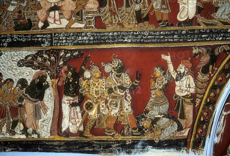 18th century Ramayana epic murals fresco painting on Bodi Zamin palace walls in Bodinayakanur