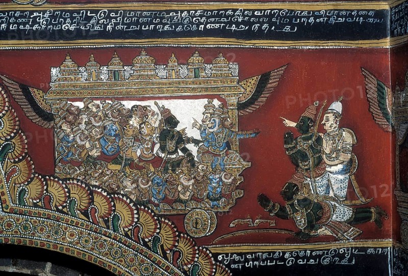 18th century Ramayana epic murals fresco painting on Bodi Zamin palace walls in Bodinayakanur