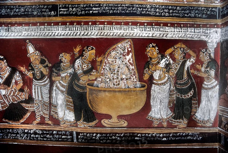 18th century Ramayana epic murals fresco painting on Bodi Zamin palace walls in Bodinayakanur