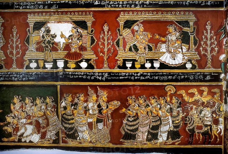 18th century Ramayana epic murals fresco painting on Bodi Zamin palace walls in Bodinayakanur