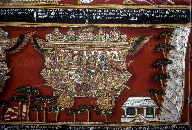 18th century Ramayana epic murals fresco painting on Bodi Zamin palace walls in Bodinayakanur